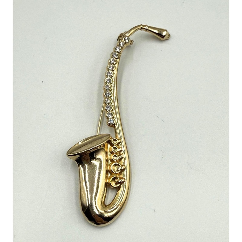 Vintage Saxophone Brooch Gold Tone Rhinestone Music Instrument Pin